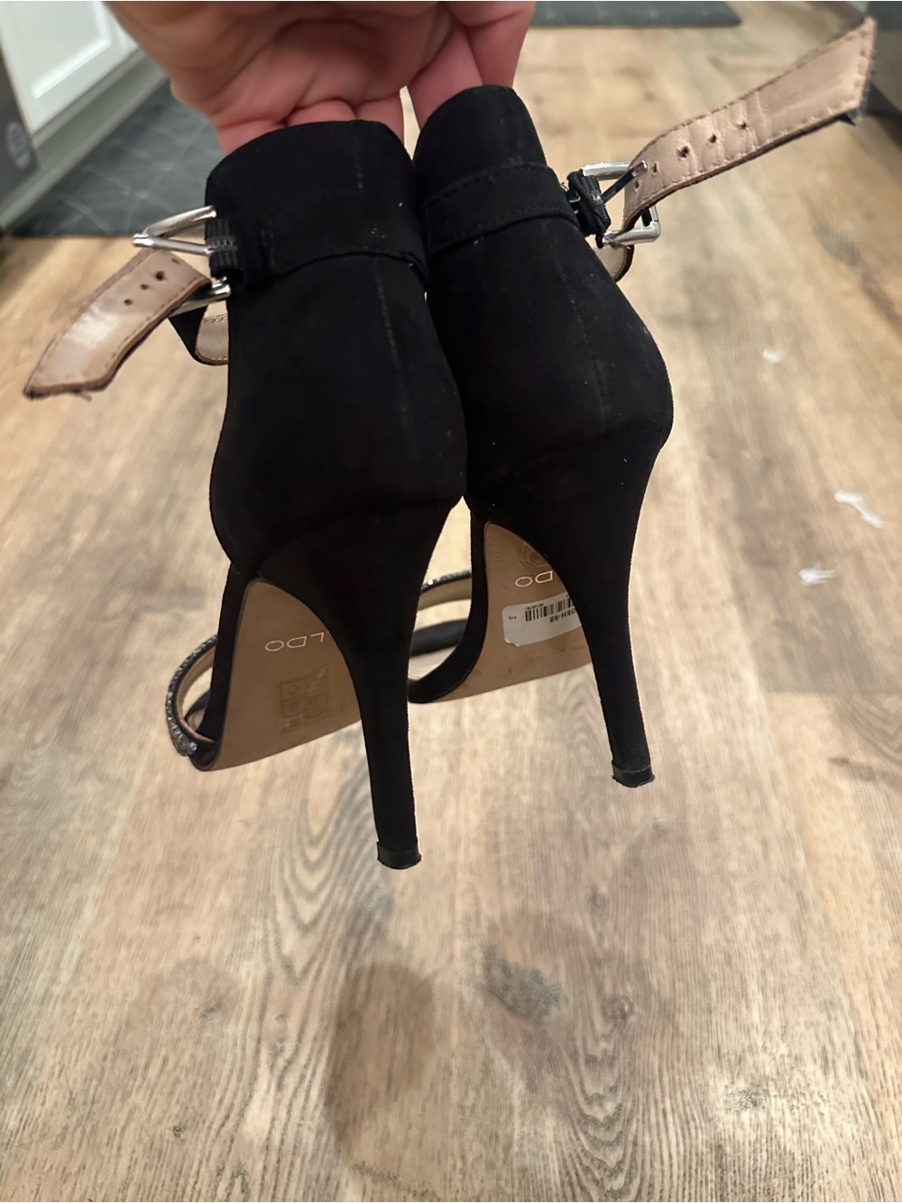 Aldo Black Ankle-Strap Heels with Silver Glitter Toe Band - Picture 8 of 9